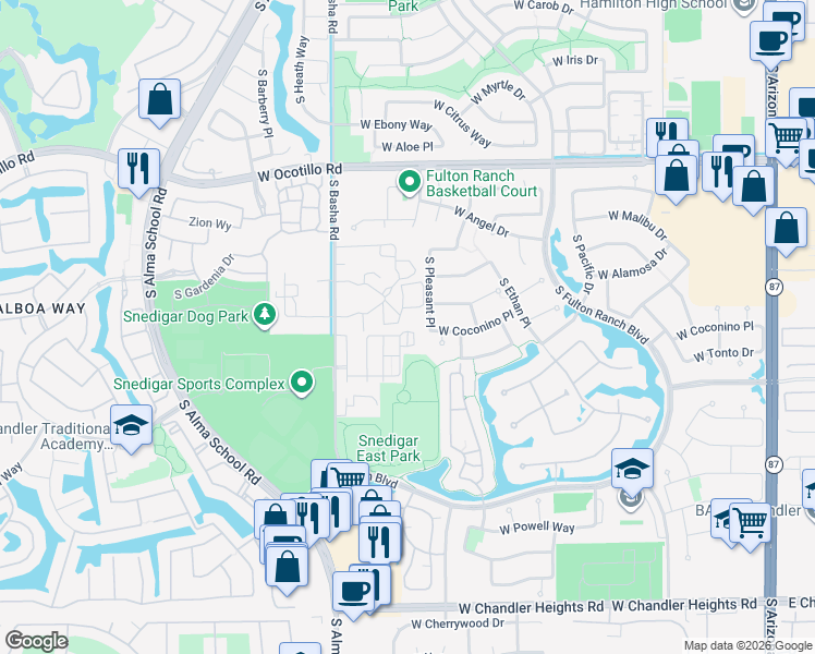 map of restaurants, bars, coffee shops, grocery stores, and more near 4495 South Beverly Place in Chandler