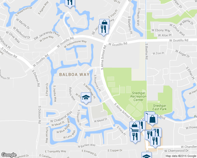 map of restaurants, bars, coffee shops, grocery stores, and more near 4390 South Rosemary Place in Chandler