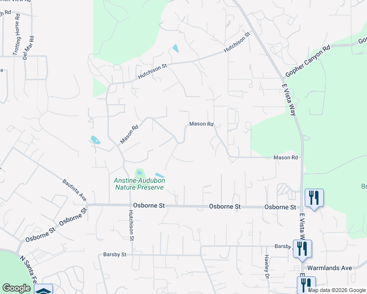 map of restaurants, bars, coffee shops, grocery stores, and more near 2645 Arabian Ranch Lane in Vista