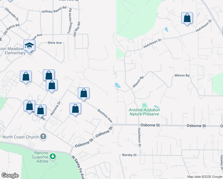 map of restaurants, bars, coffee shops, grocery stores, and more near 2563 Pruett Drive in Vista