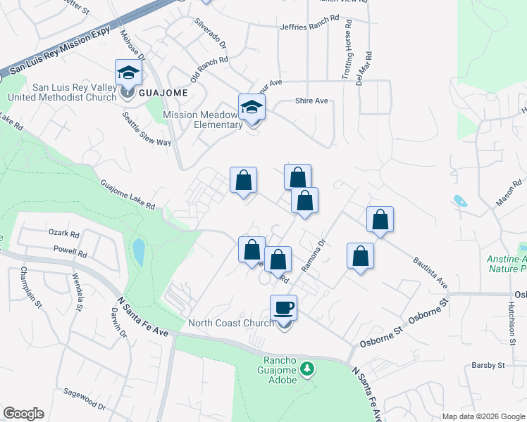 map of restaurants, bars, coffee shops, grocery stores, and more near 2510 Majella Road in Vista