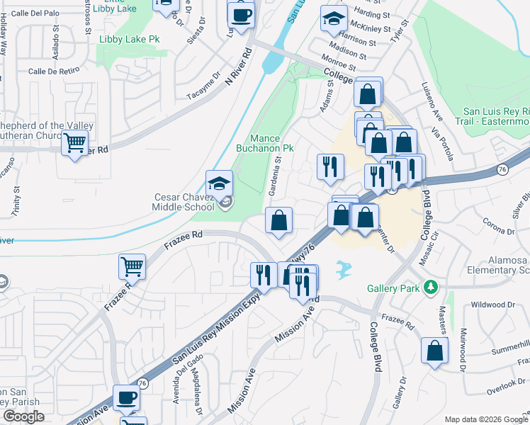 map of restaurants, bars, coffee shops, grocery stores, and more near 226 Carissa Drive in Oceanside