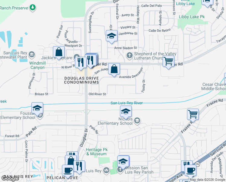 map of restaurants, bars, coffee shops, grocery stores, and more near 4433 Old River Street in Oceanside