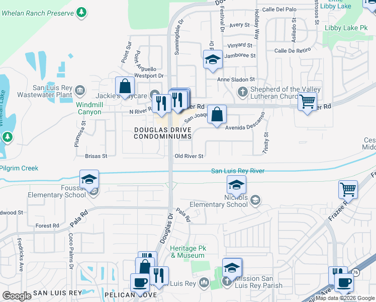 map of restaurants, bars, coffee shops, grocery stores, and more near 4417 Old River Street in Oceanside