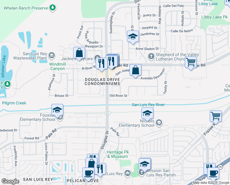 map of restaurants, bars, coffee shops, grocery stores, and more near 4417 Old River Street in Oceanside