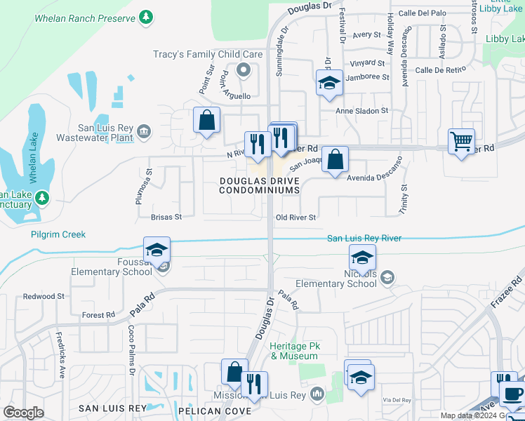 map of restaurants, bars, coffee shops, grocery stores, and more near 4401 Old River Street in Oceanside