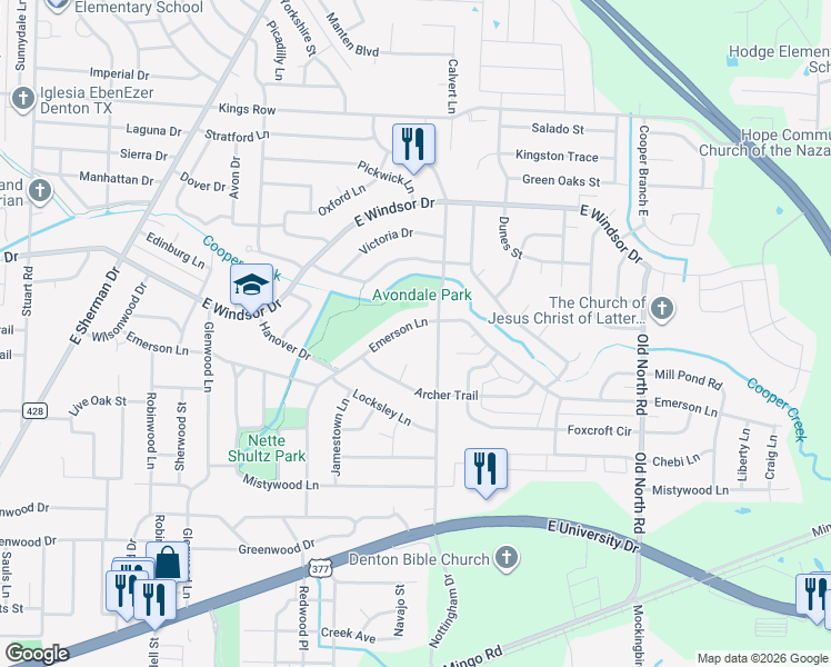 map of restaurants, bars, coffee shops, grocery stores, and more near 2911 Nottingham Drive in Denton