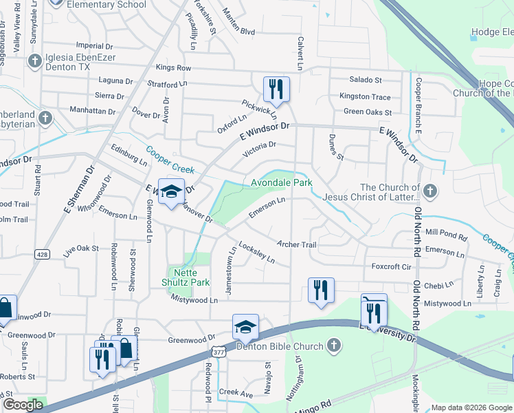 map of restaurants, bars, coffee shops, grocery stores, and more near 107 Alan A Dale Circle in Denton
