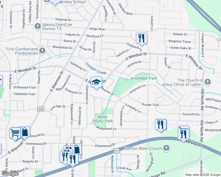 map of restaurants, bars, coffee shops, grocery stores, and more near 1700 Hanover Drive in Denton