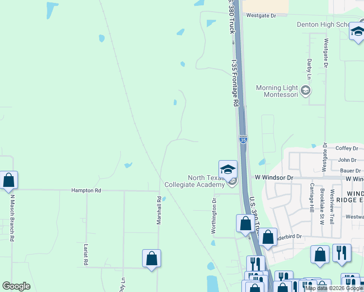 map of restaurants, bars, coffee shops, grocery stores, and more near 2892 Marshall Road in Denton
