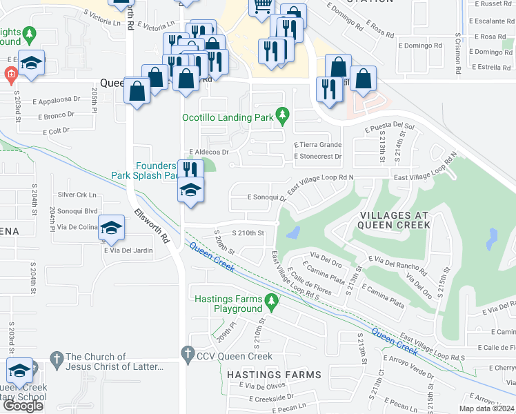 map of restaurants, bars, coffee shops, grocery stores, and more near 20950 East Vía Del Palo in Queen Creek
