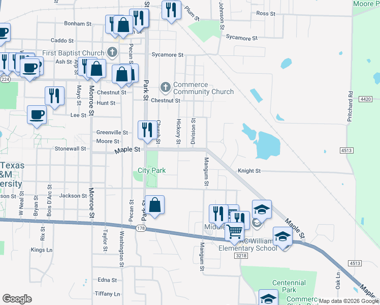 map of restaurants, bars, coffee shops, grocery stores, and more near 703 Maple Street in Commerce