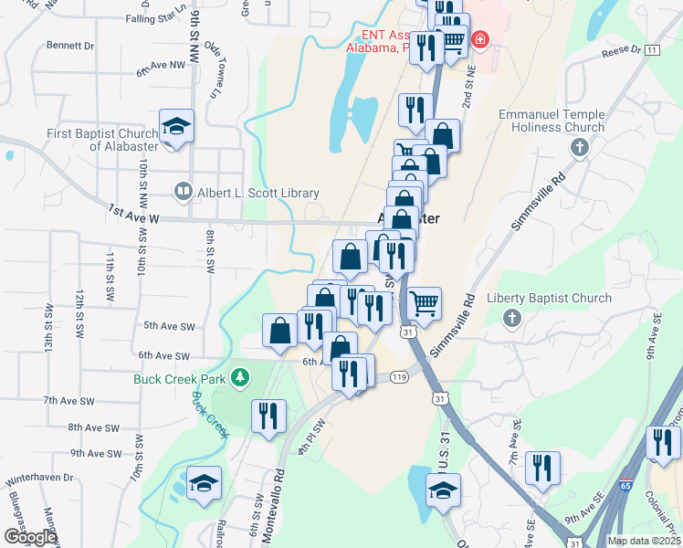 map of restaurants, bars, coffee shops, grocery stores, and more near 308 2nd Place Southwest in Alabaster