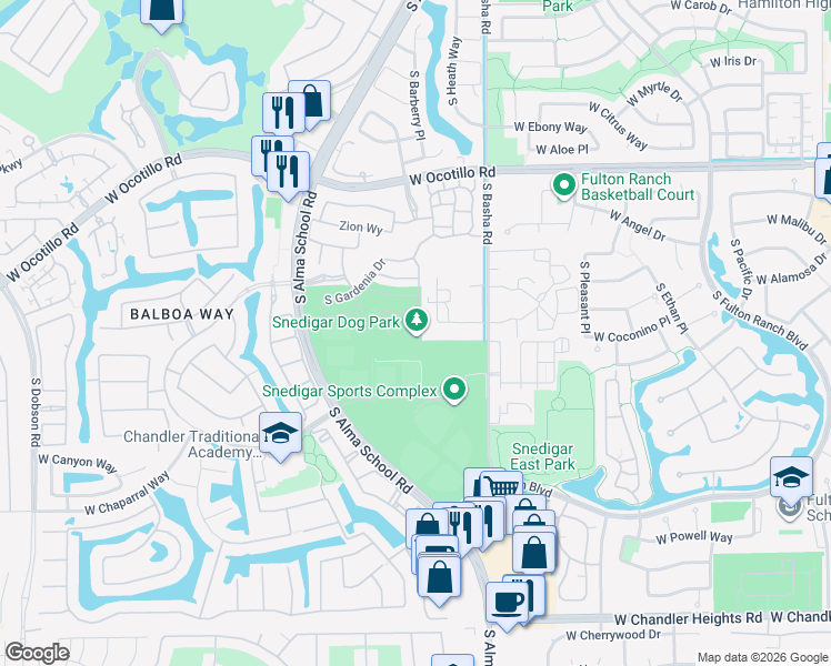 map of restaurants, bars, coffee shops, grocery stores, and more near 917 West Kaibab Drive in Chandler
