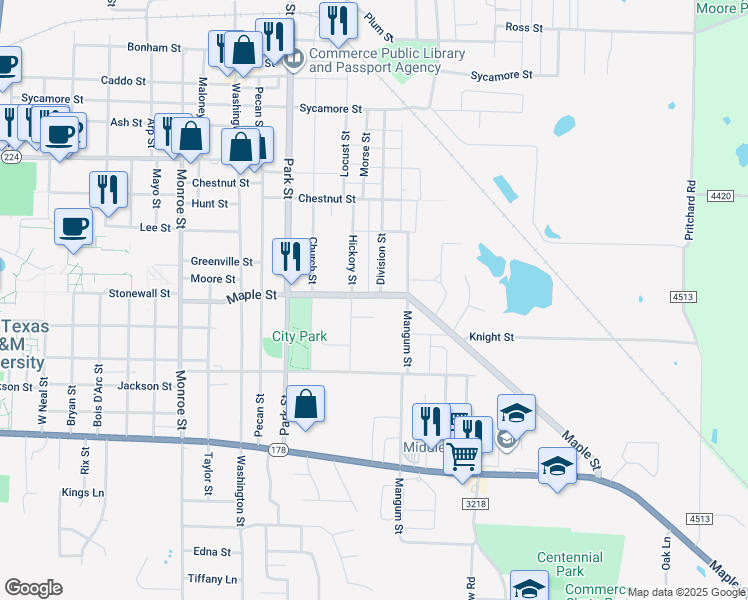 map of restaurants, bars, coffee shops, grocery stores, and more near 703 Maple Street in Commerce