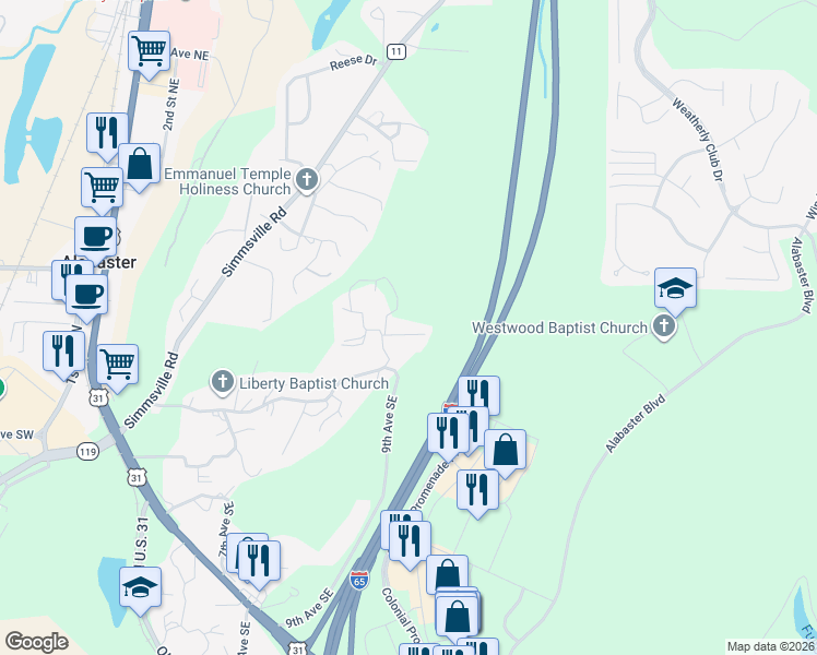 map of restaurants, bars, coffee shops, grocery stores, and more near 516 Regent Drive in Alabaster
