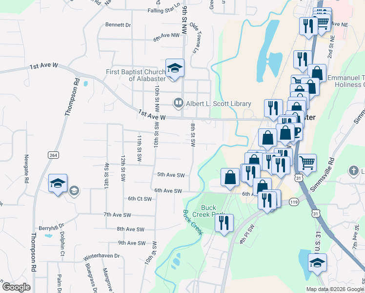 map of restaurants, bars, coffee shops, grocery stores, and more near 328 8th Street Southwest in Alabaster