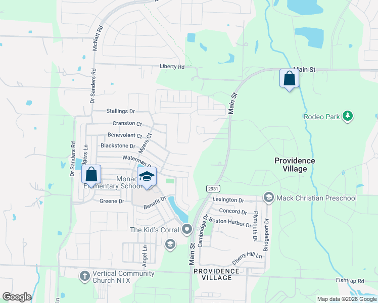 map of restaurants, bars, coffee shops, grocery stores, and more near 9240 Benevolent Court in Aubrey