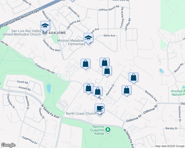 map of restaurants, bars, coffee shops, grocery stores, and more near 2510 Majella Road in Vista