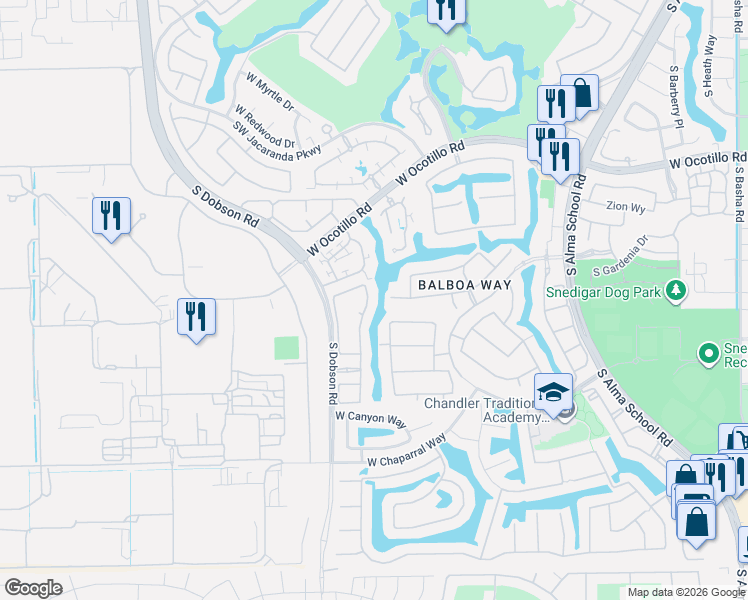 map of restaurants, bars, coffee shops, grocery stores, and more near 4411 South Pecan Drive in Chandler