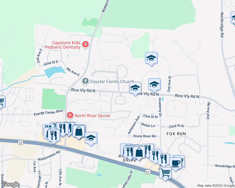 map of restaurants, bars, coffee shops, grocery stores, and more near 621 Hartford Drive in Tuscaloosa