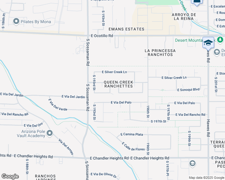 map of restaurants, bars, coffee shops, grocery stores, and more near 19343 Avenida Del Valle in Queen Creek