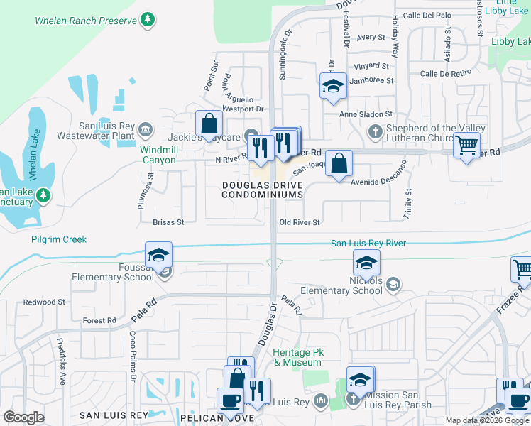 map of restaurants, bars, coffee shops, grocery stores, and more near 4401 Old River Street in Oceanside