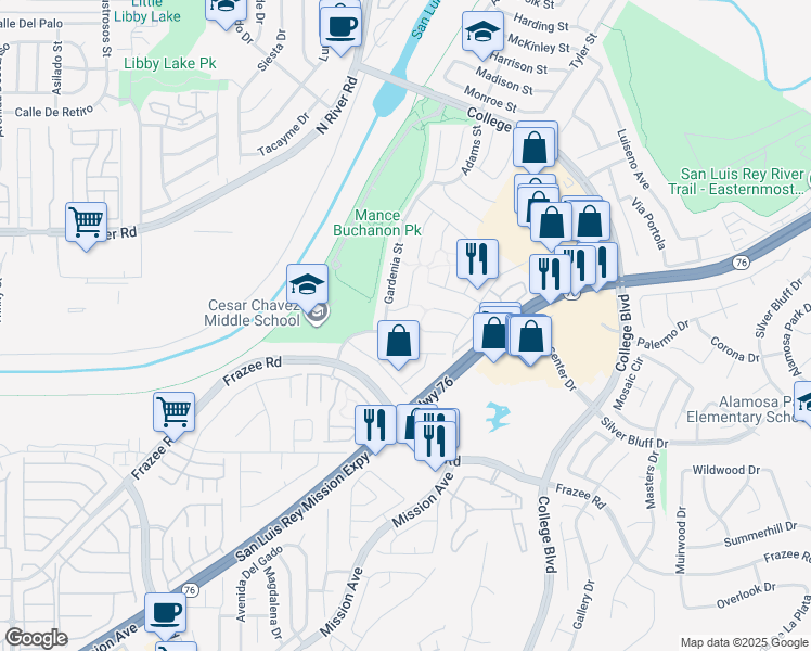 map of restaurants, bars, coffee shops, grocery stores, and more near 254 Oleander Drive in Oceanside