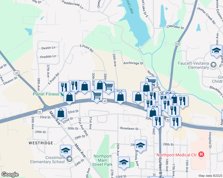 map of restaurants, bars, coffee shops, grocery stores, and more near 2608 McFarland Boulevard in Northport