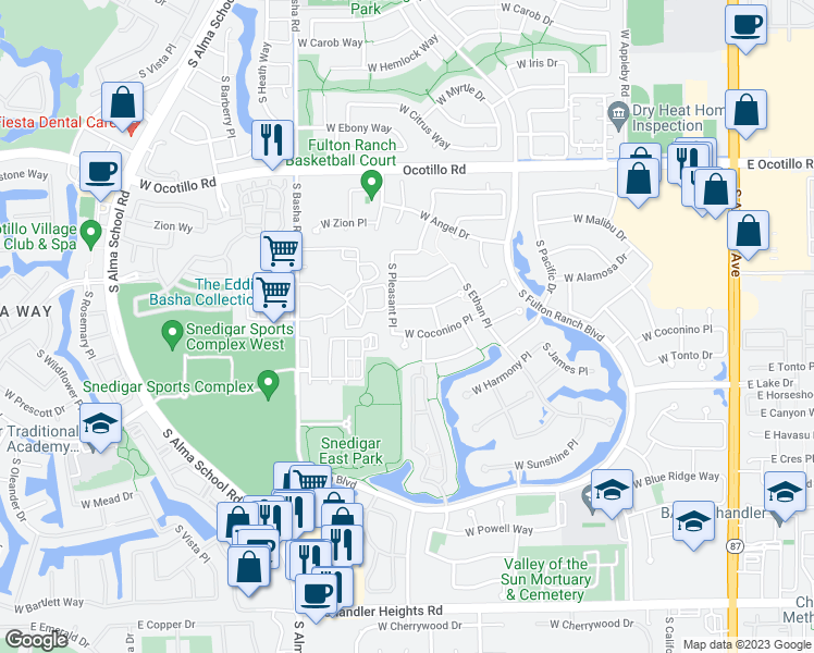 map of restaurants, bars, coffee shops, grocery stores, and more near 688 West Coconino Place in Chandler
