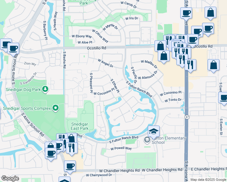 map of restaurants, bars, coffee shops, grocery stores, and more near 625 West Kaibab Place in Chandler