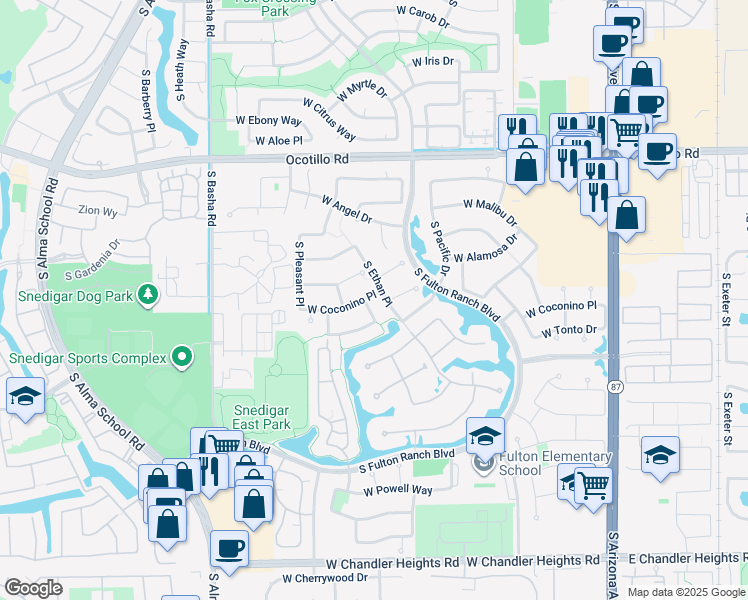 map of restaurants, bars, coffee shops, grocery stores, and more near 625 West Kaibab Place in Chandler