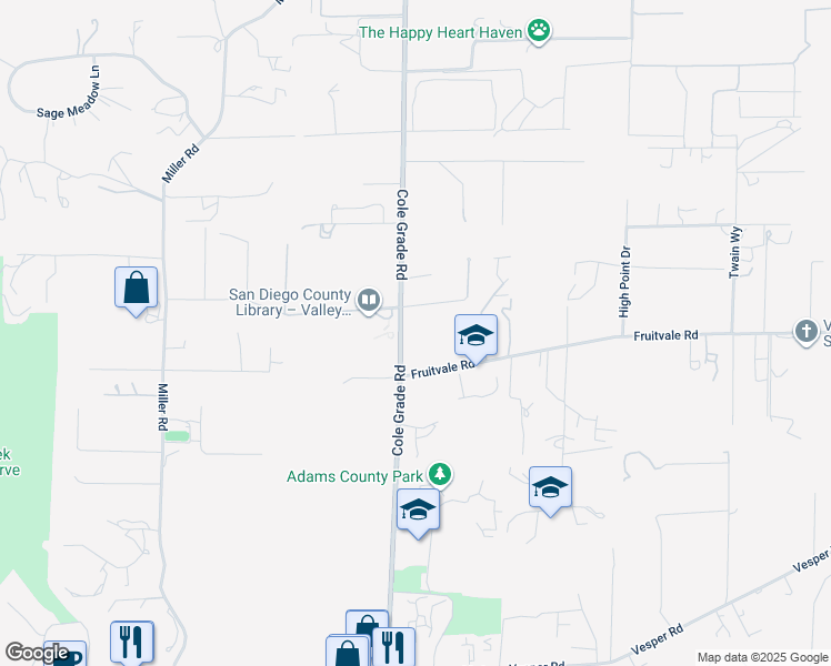 map of restaurants, bars, coffee shops, grocery stores, and more near 29209 Cole Grade Road in Valley Center