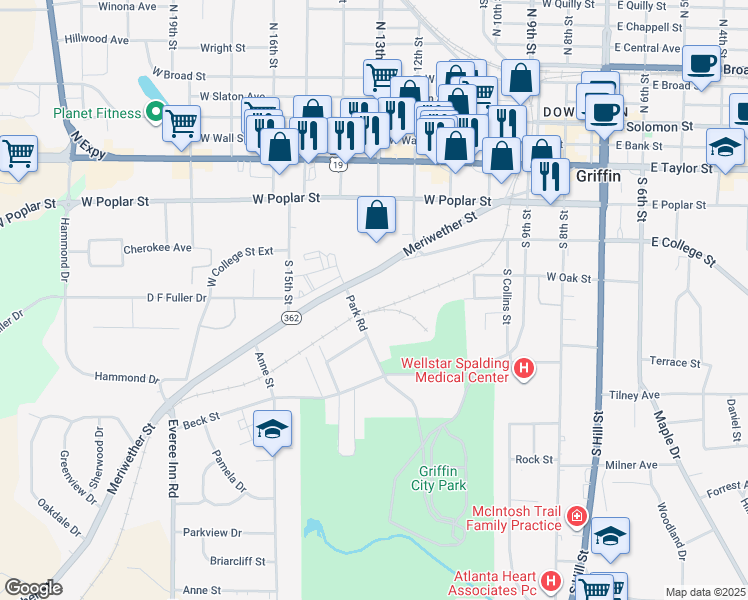 map of restaurants, bars, coffee shops, grocery stores, and more near 702 Meriwether Street in Griffin