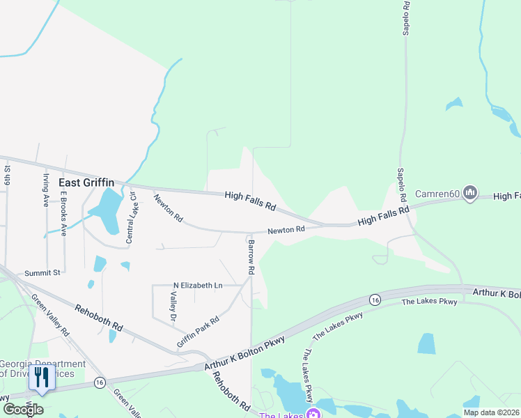 map of restaurants, bars, coffee shops, grocery stores, and more near 1521 High Falls Road in Griffin