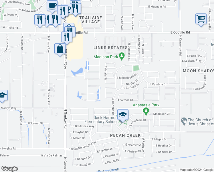 map of restaurants, bars, coffee shops, grocery stores, and more near 814 East Pollino Street in San Tan Valley