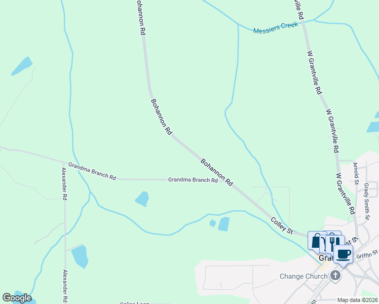 map of restaurants, bars, coffee shops, grocery stores, and more near 479 Bohannon Road in Grantville