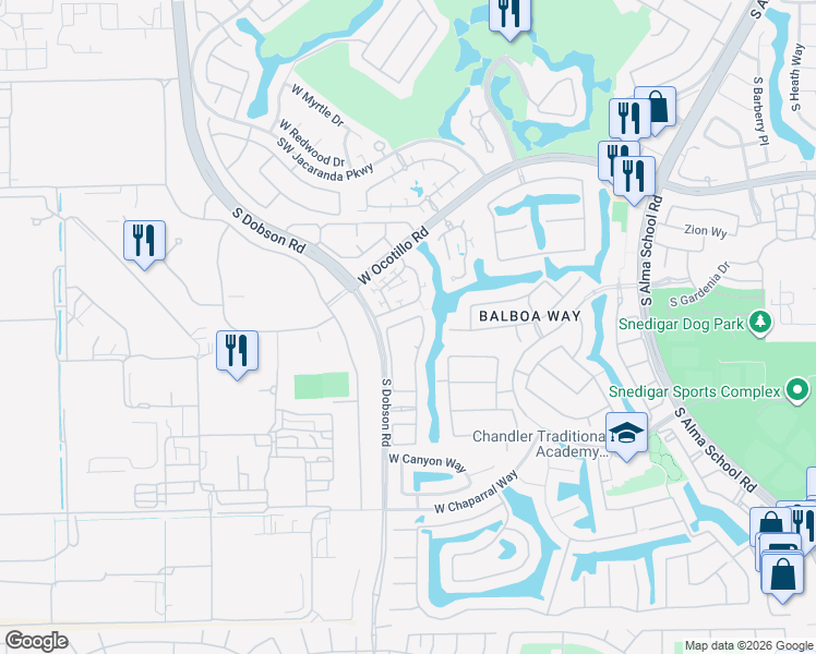 map of restaurants, bars, coffee shops, grocery stores, and more near 1935 West Yosemite Drive in Chandler