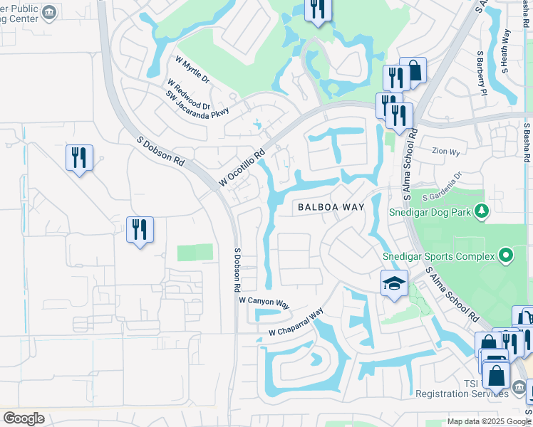 map of restaurants, bars, coffee shops, grocery stores, and more near 1905 West Grand Canyon Drive in Chandler