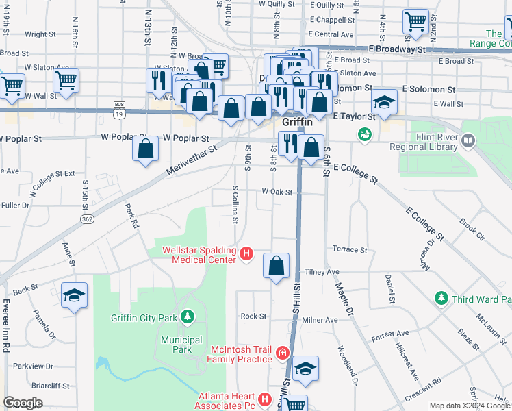 map of restaurants, bars, coffee shops, grocery stores, and more near 500 9 Oaks Drive in Griffin