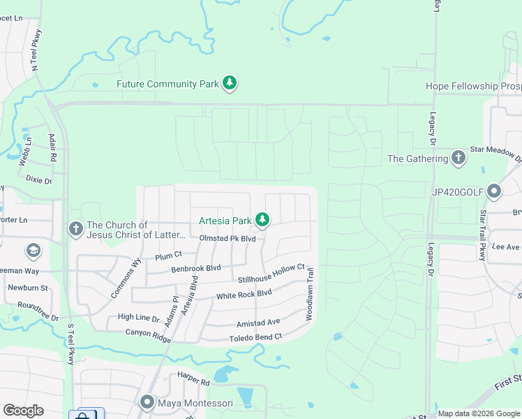 map of restaurants, bars, coffee shops, grocery stores, and more near 2417 Austin Lane in Prosper
