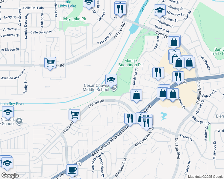 map of restaurants, bars, coffee shops, grocery stores, and more near 202 Oleander Drive in Oceanside