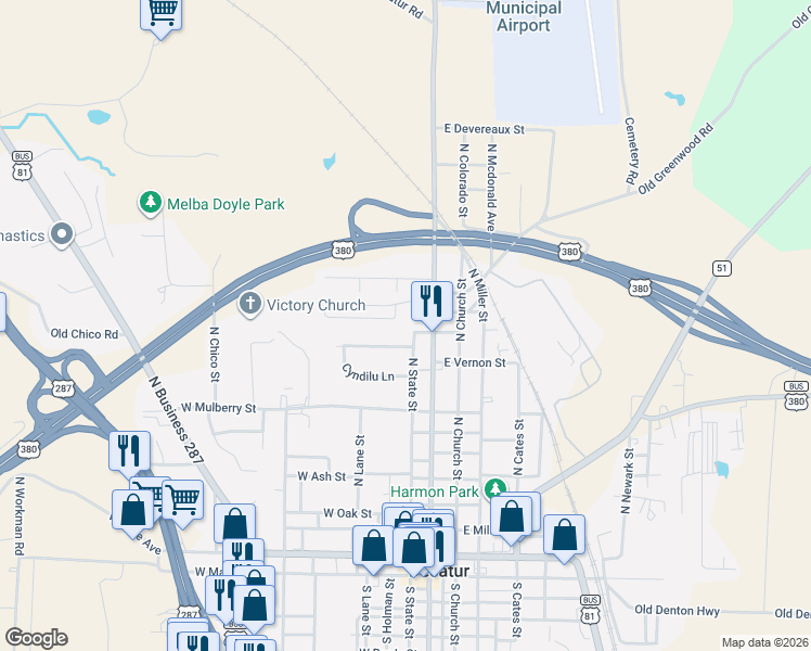 map of restaurants, bars, coffee shops, grocery stores, and more near 1103 North Trinity Street in Decatur