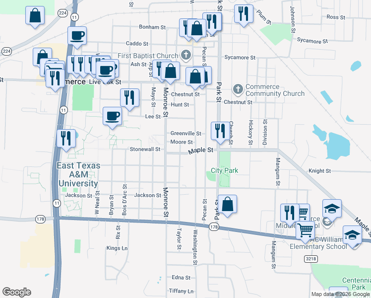 map of restaurants, bars, coffee shops, grocery stores, and more near 1306 Maple Street in Commerce
