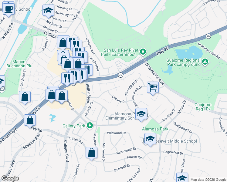 map of restaurants, bars, coffee shops, grocery stores, and more near 620 Fairhill Court in Oceanside