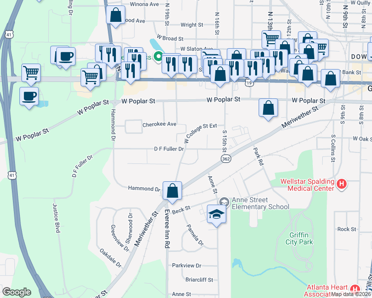 map of restaurants, bars, coffee shops, grocery stores, and more near 1062 East College Street in Griffin