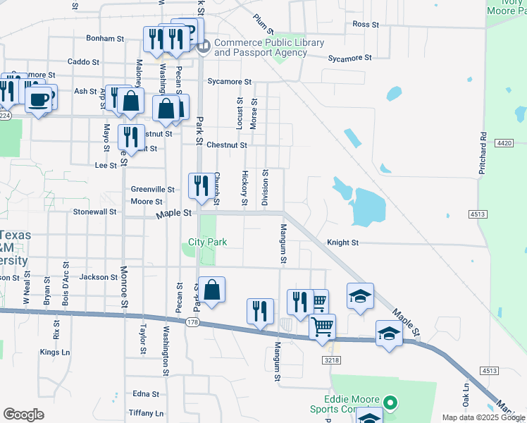 map of restaurants, bars, coffee shops, grocery stores, and more near 1912 Hickory Street in Commerce