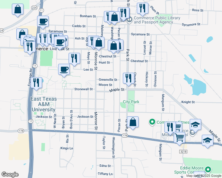 map of restaurants, bars, coffee shops, grocery stores, and more near 1305 Greenville Street in Commerce