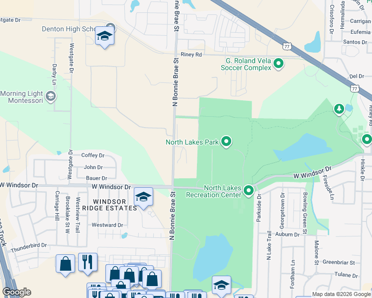 map of restaurants, bars, coffee shops, grocery stores, and more near 2748-3048 North Bonnie Brae Street in Denton