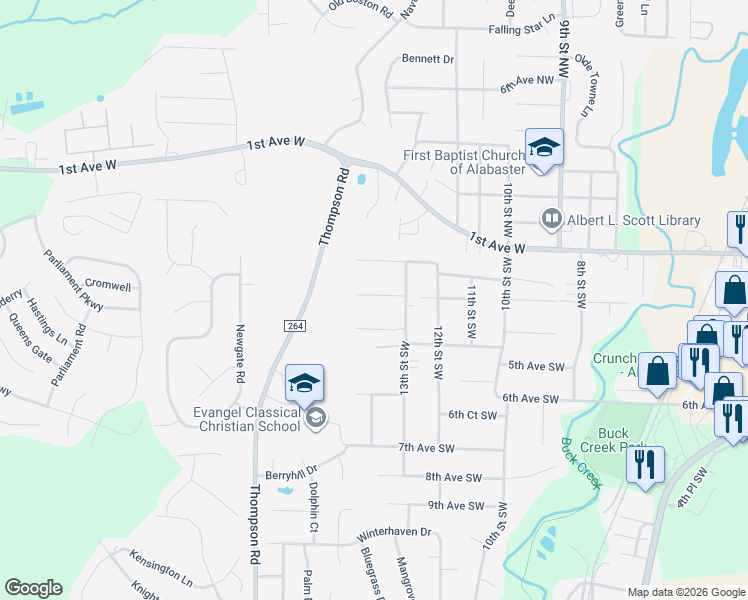 map of restaurants, bars, coffee shops, grocery stores, and more near 1346 3rd Avenue Southwest in Alabaster